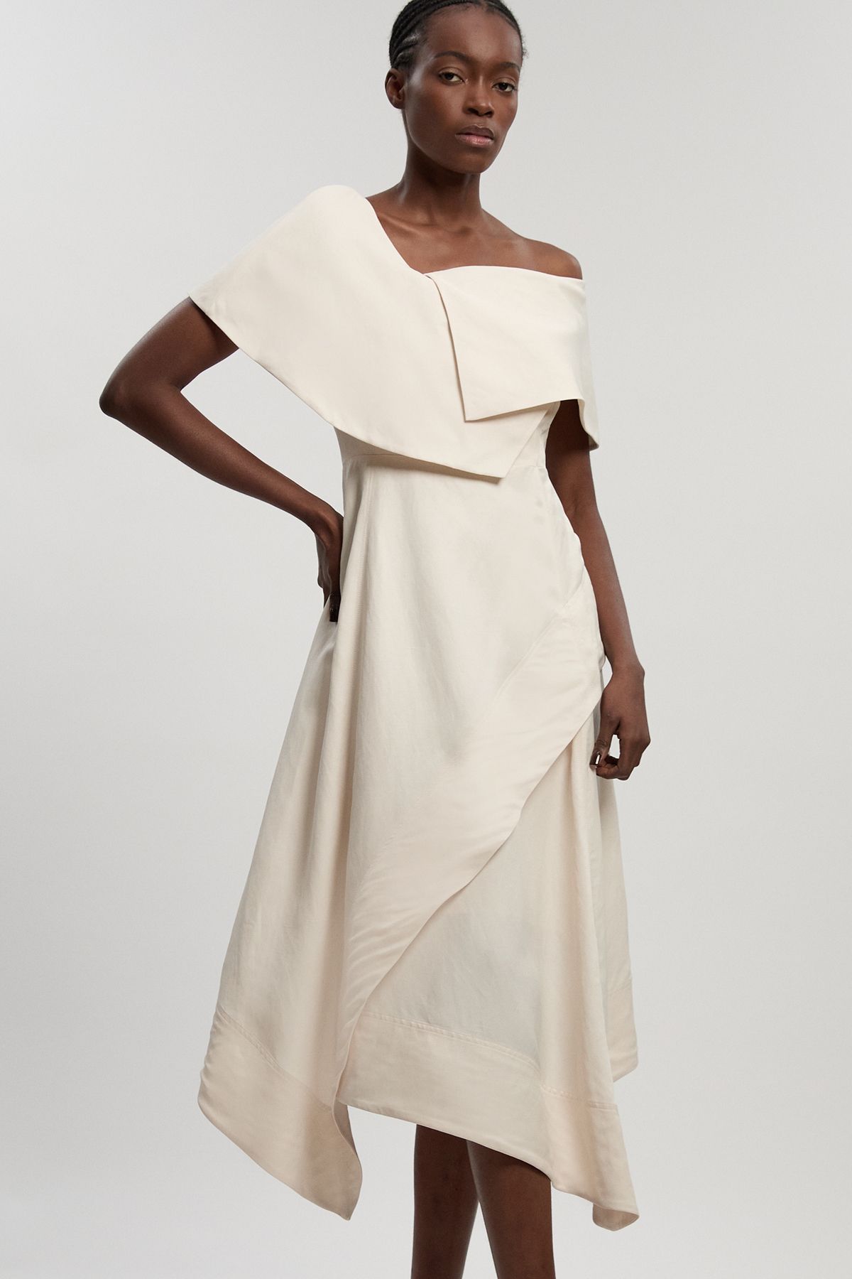 KarenMillen Petite Premium Viscose Linen Tailored Asymmetric Neck Full Skirted Midi Dress