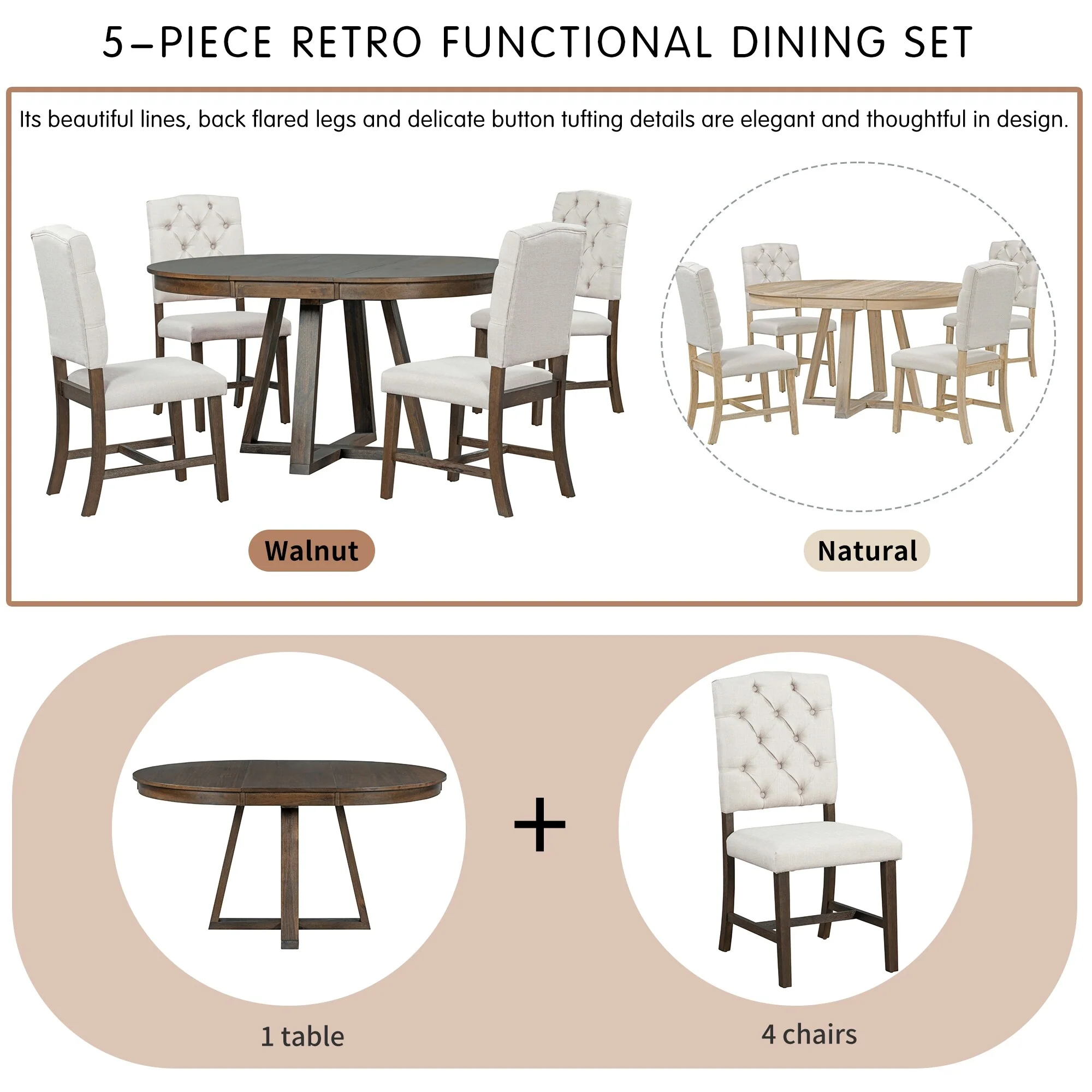 5-Piece Dining Table Set with 4 Upholstered Chairs, 16 Leaf Dining Table, Solid Wood & MDF, for Small Spaces and Dining Rooms