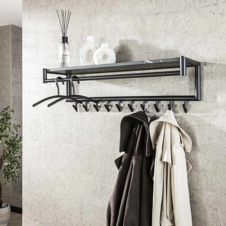 Kapstok Zwart Metaal - 10-Haaks - 100x27x30cm - Roede