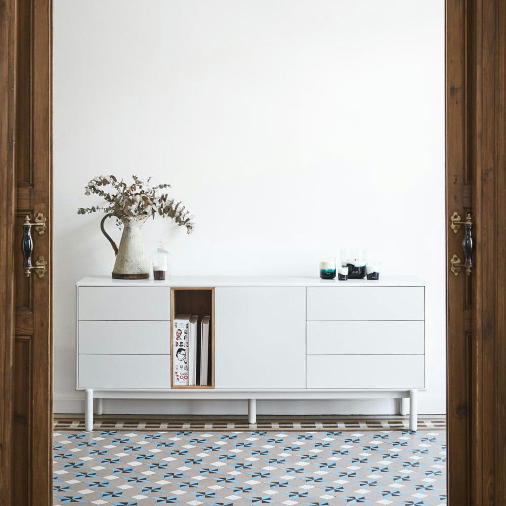 CORVO - Buffet 1 porte 6 tiroirs en bois L180cm blanc