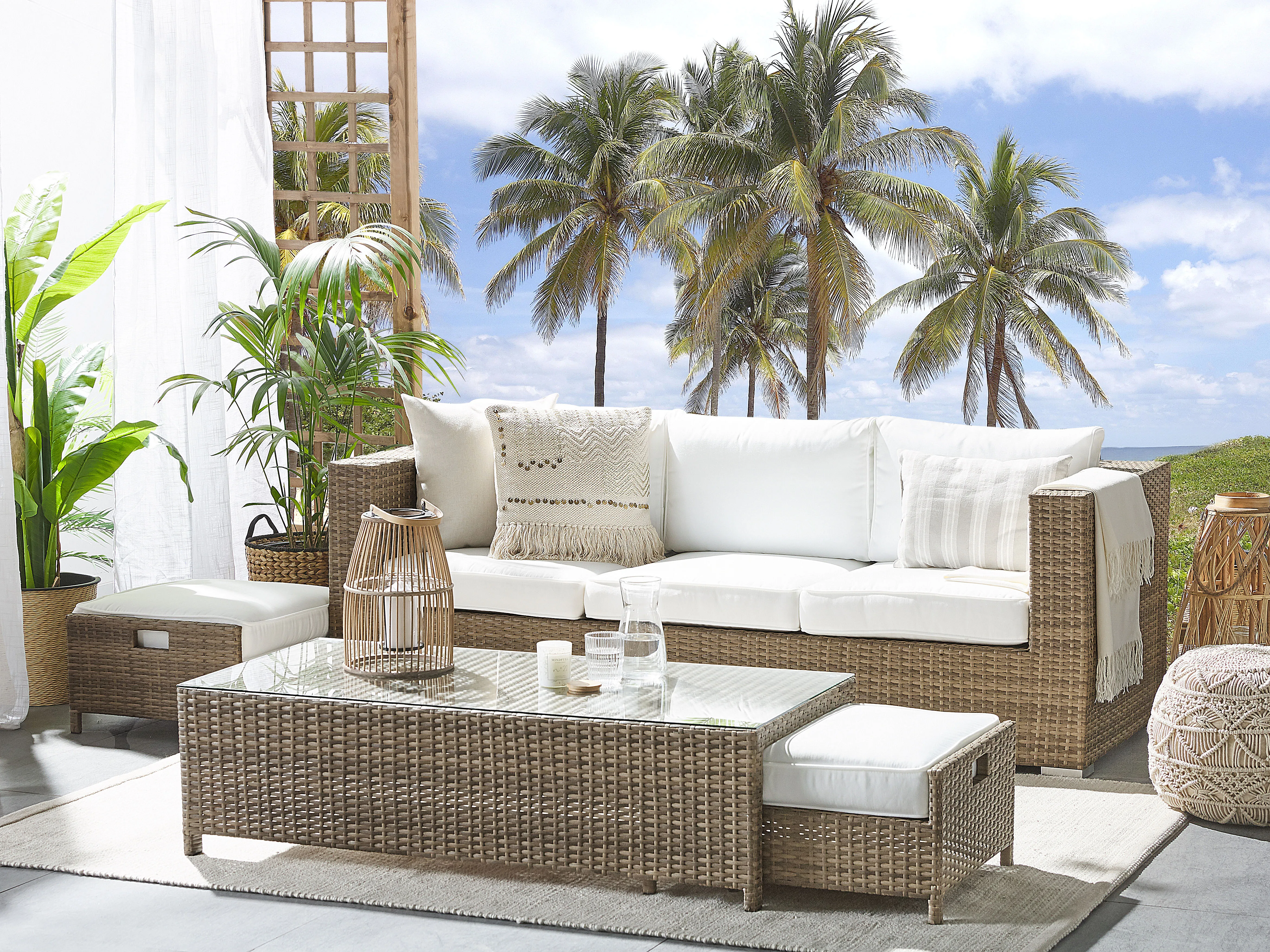 Garden Lounge Set with Table and Ottoman 5 Seater BELLUNO PE Rattan White