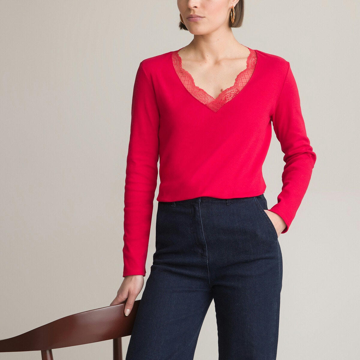 T-shirt col V dentelle, manches longues