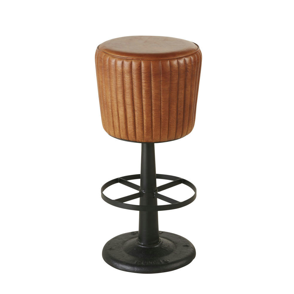 Boxer - Tabouret de bar matelassé en cuir de buffle marron et métal noir H78