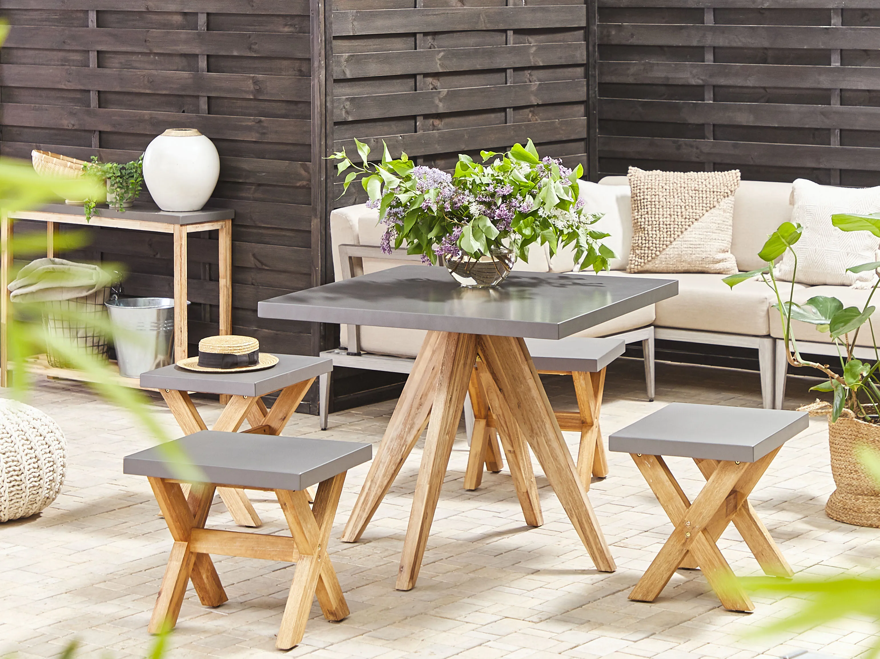 Garden Dining Set with Stools 4 Seater OLBIA Concrete Grey