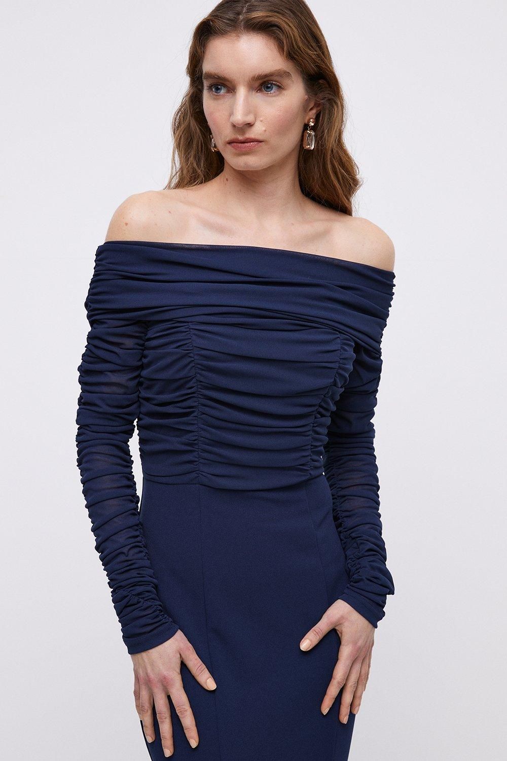 Coast Mesh Bardot Stretch Crepe Fishtail Bridesmaids Maxi Dress