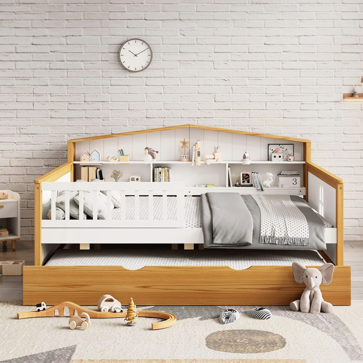 Full/Twin Size House Shape Daybed with Trundle and Bookcase Headboard, Wooden Bed for Girls Boys Teens