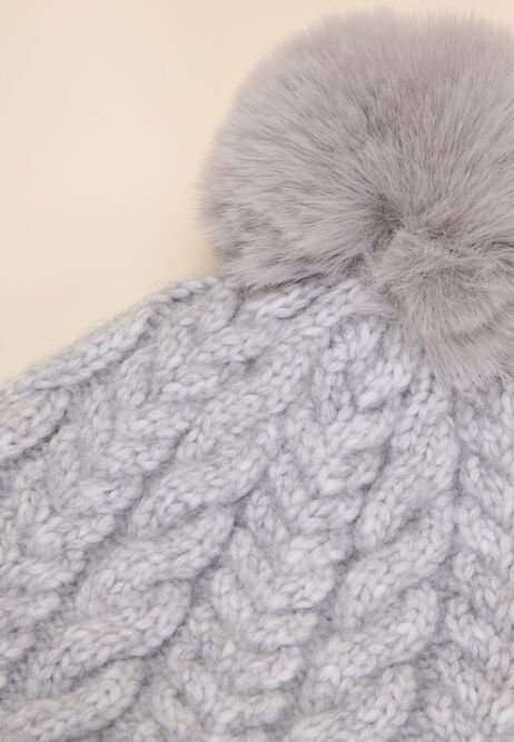 Womens Grey Cable Knit Bobble Hat