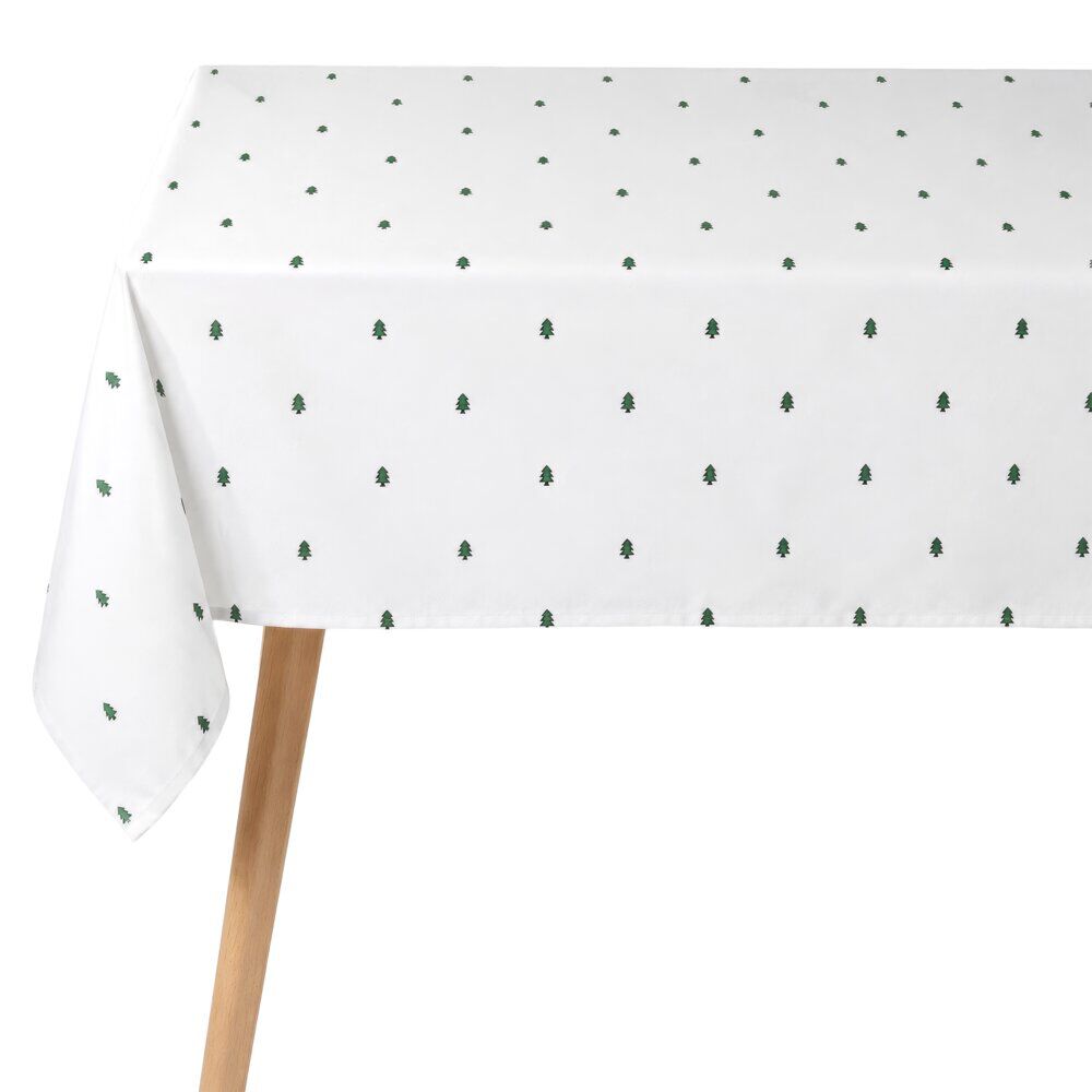 Nappe en faux lin imprimé sapin de No&euml;l L300X140 cm blanc et vert