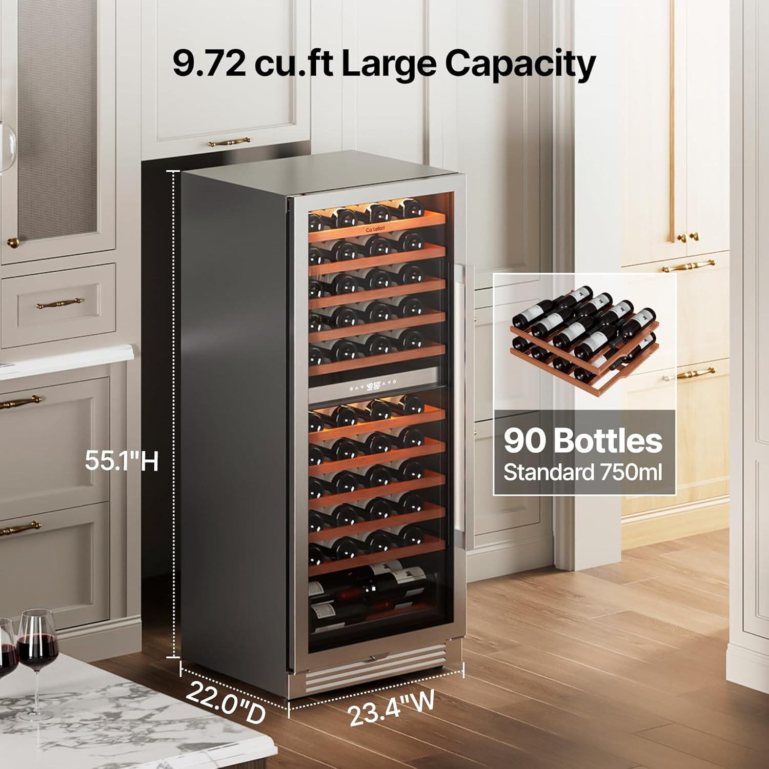 Ca'Lefort Wine Fridge Dual Zone  90 Bottle 24 Inch Wine Cooler Refrigerator  40-65°F Refrigerator with Glass Door  3 LED Built-in/Freestanding Fridge for Bar/Kitchen/Resterant (Left-Hinged)