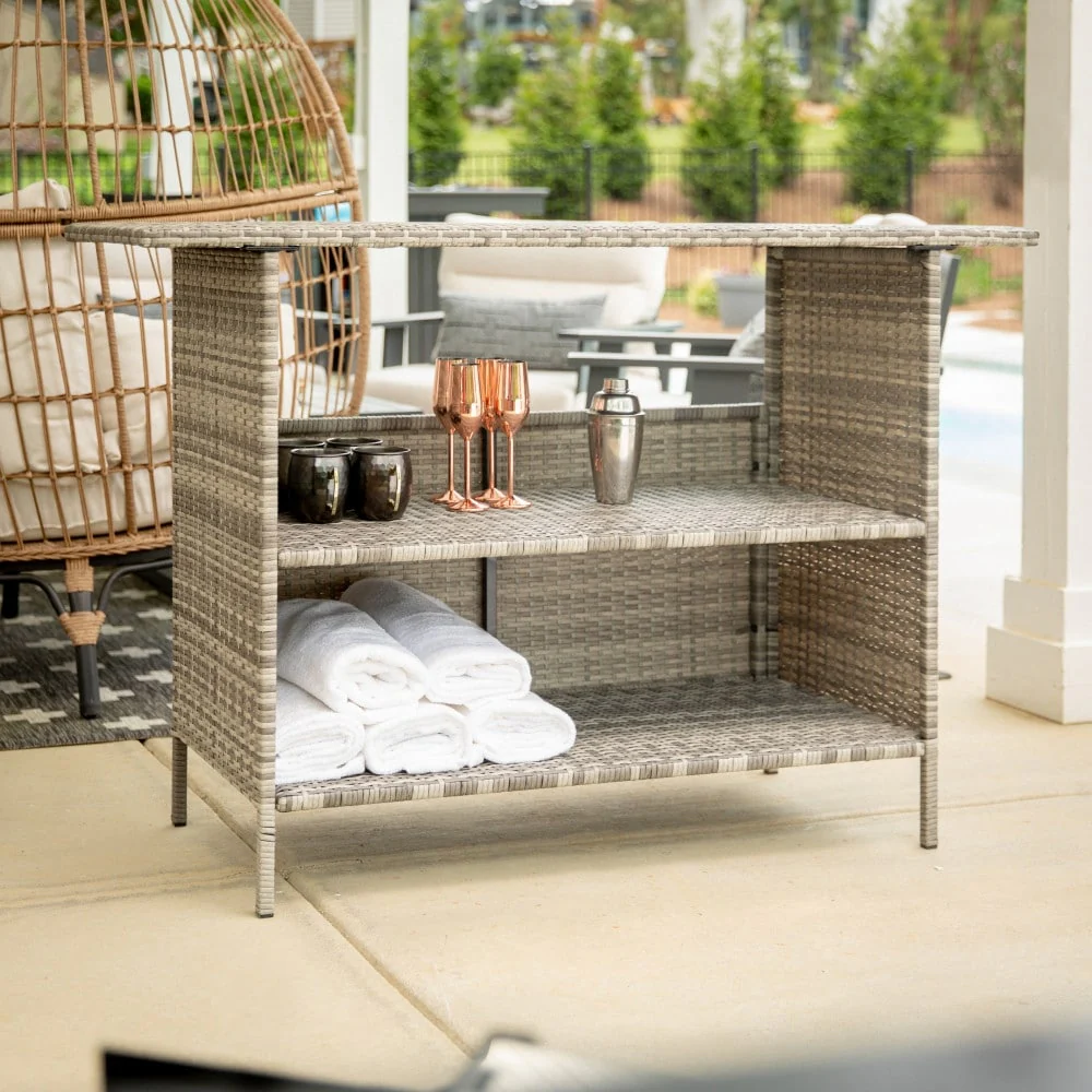 Indoor/Outdoor Wicker Rattan Patio Bar Counter Table with Two Shelves - N/A