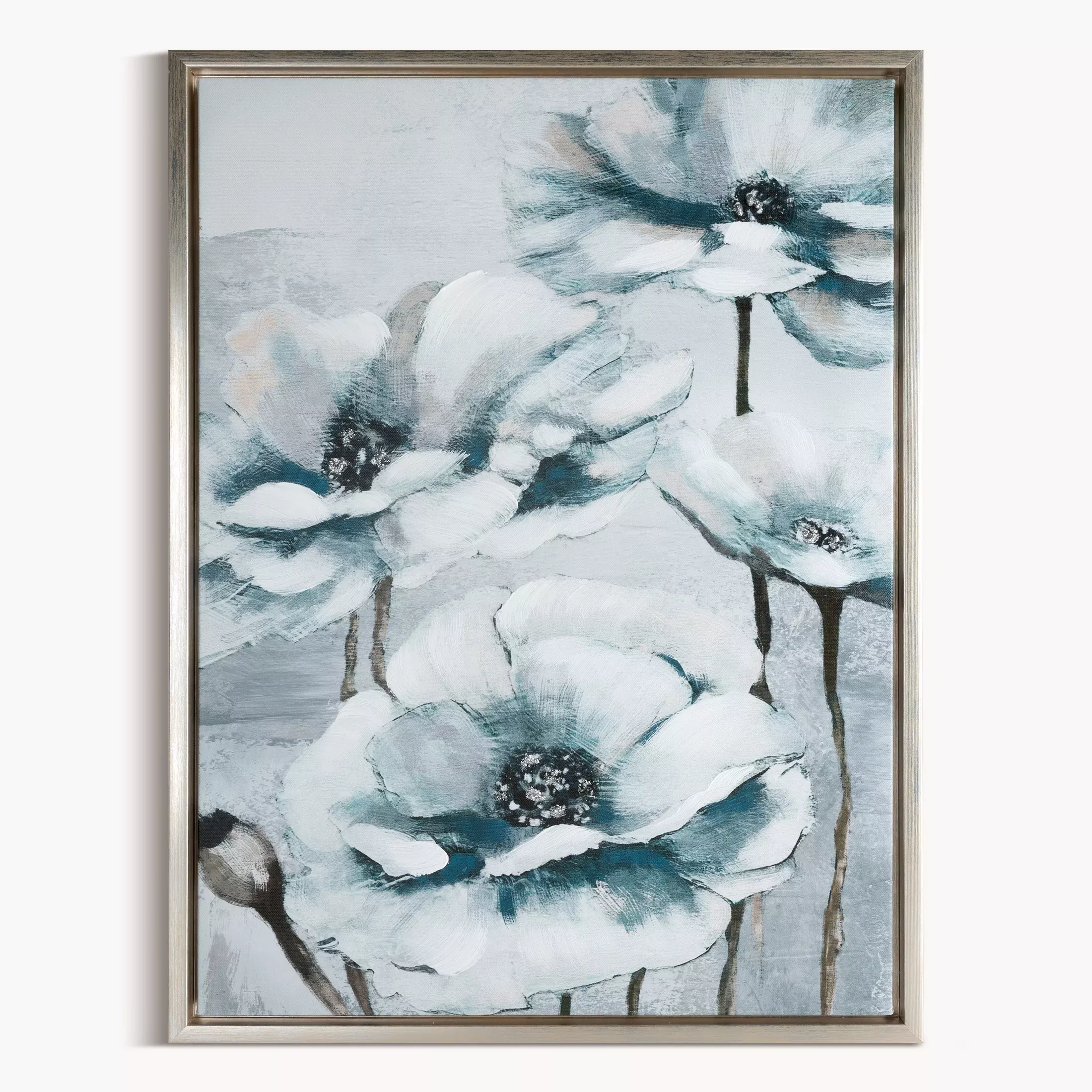 Obraz z kwiatami biało, niebieski ręcznie malowany na płótnie 45x60 cm