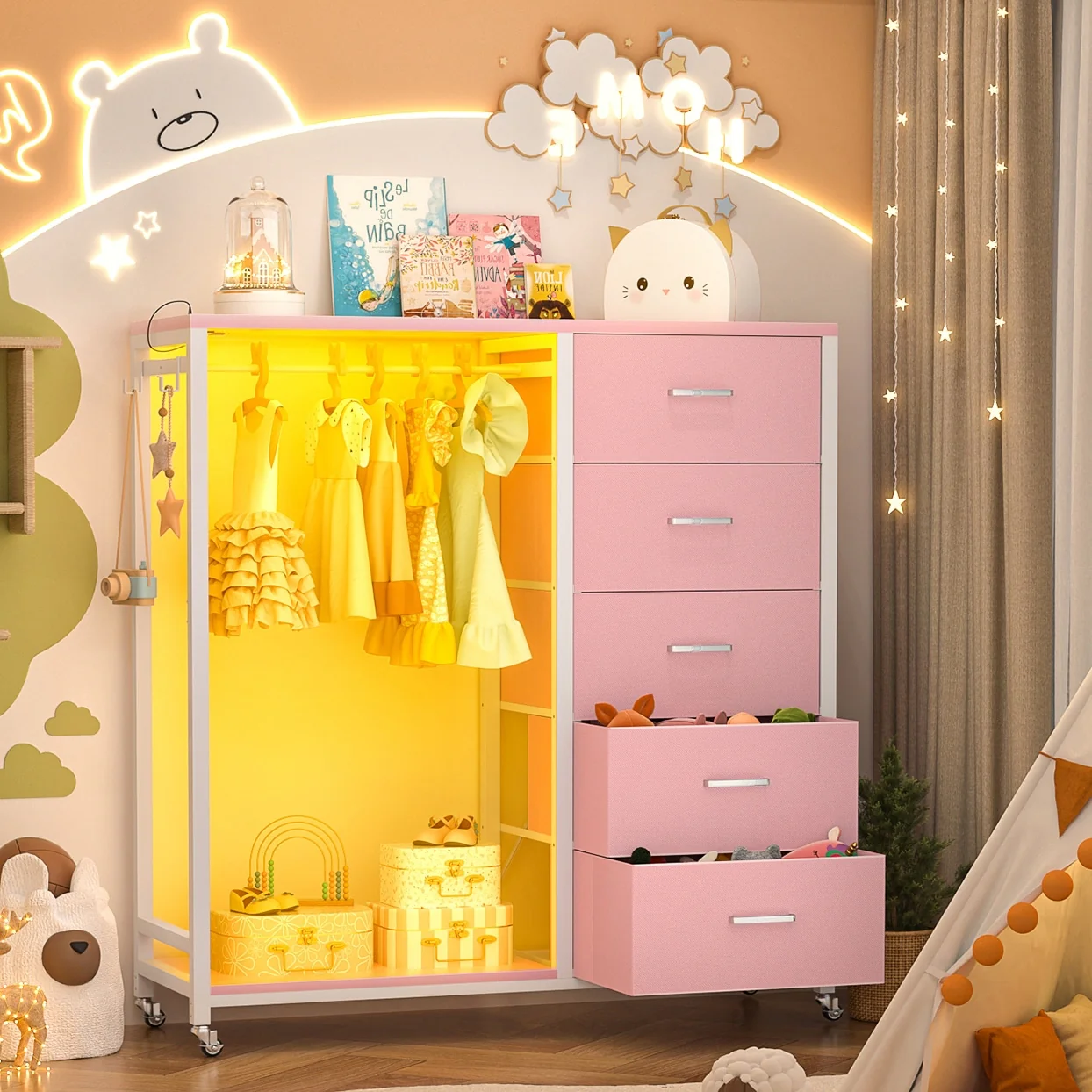 Rollway Dresser with Charge Station and LED Light,Chest With Drawers for Kids Room