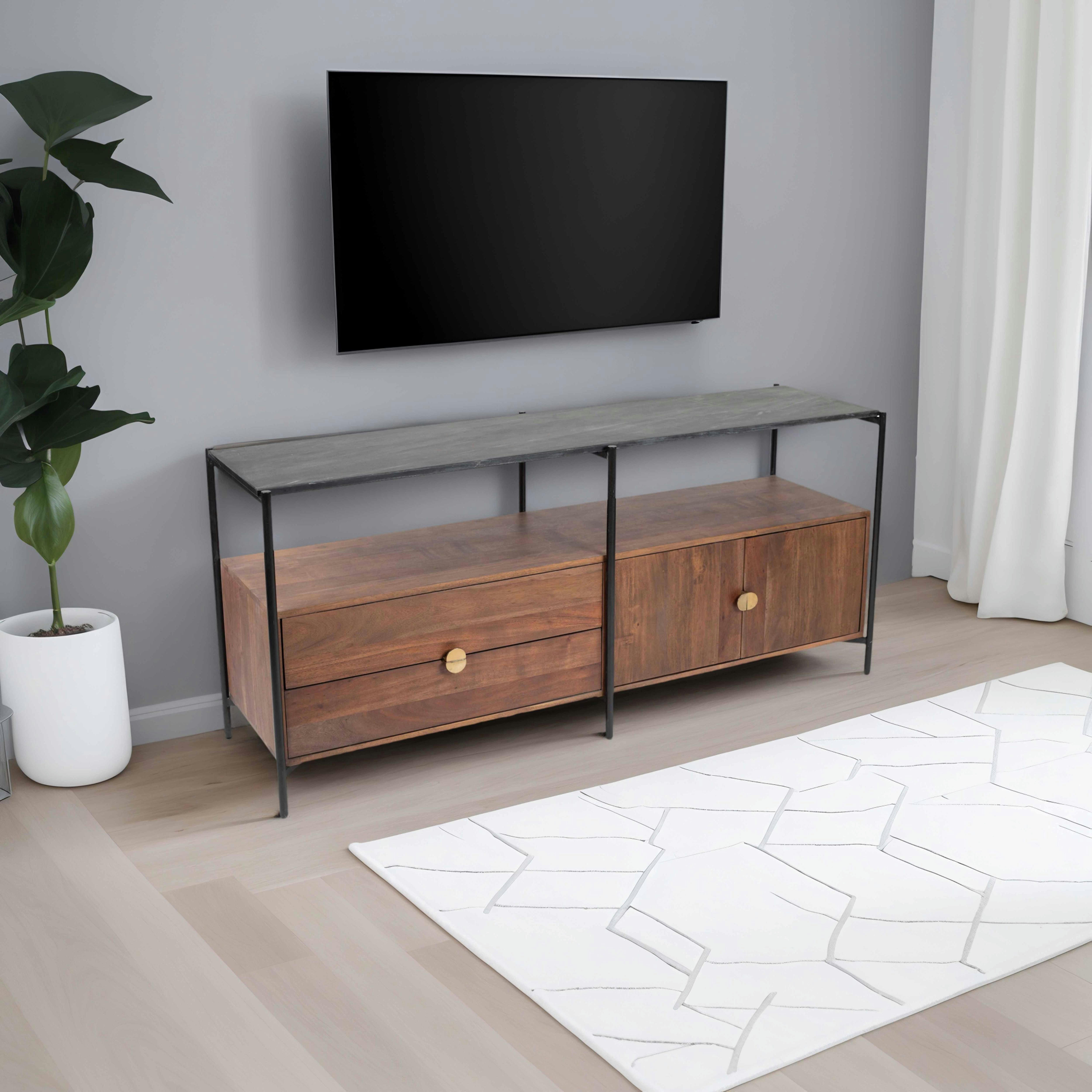 MONA - Meuble TV en marbre avec rangement en acacia massif 152 cm