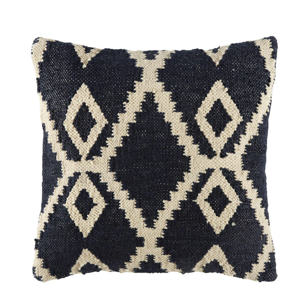 SORA - Coussin tissé jacquard noir à motifs beiges 45x45