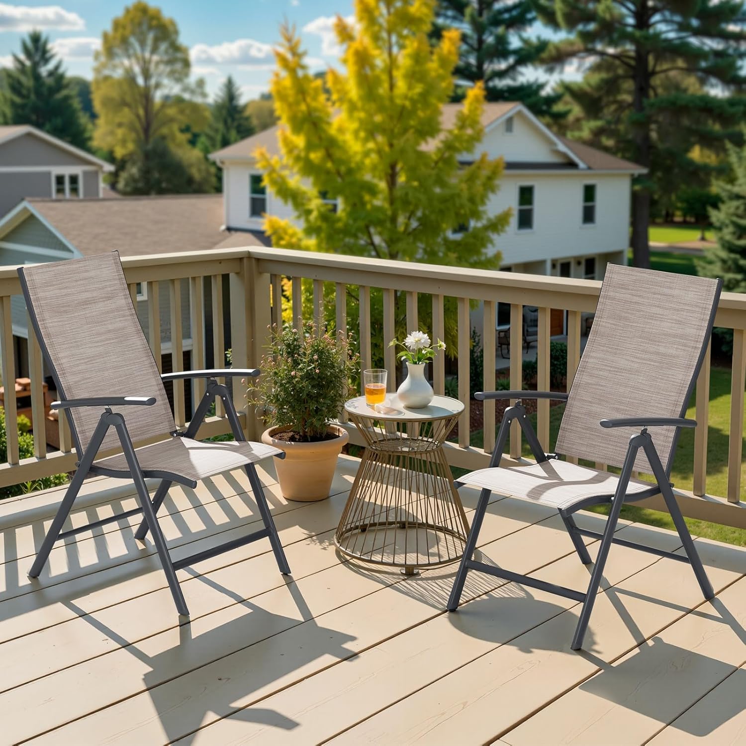 Crestlive Products Folding Patio Chairs Set of 2, 7-Level Adjustable Recliner High Back Foldable Outdoor Chairs Lawn Chairs for Pool, Backyard, Brown