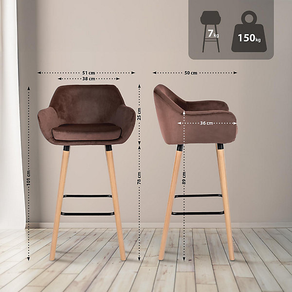Lot de 2 tabourets de bar en velours, dossier Grant, structure bois, capacité à 150 kg Café