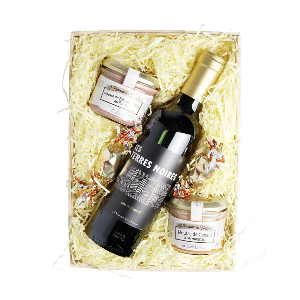 Panier gourmand 1 bouteille vin rouge/2 pâtés/2 papillotes chocolat