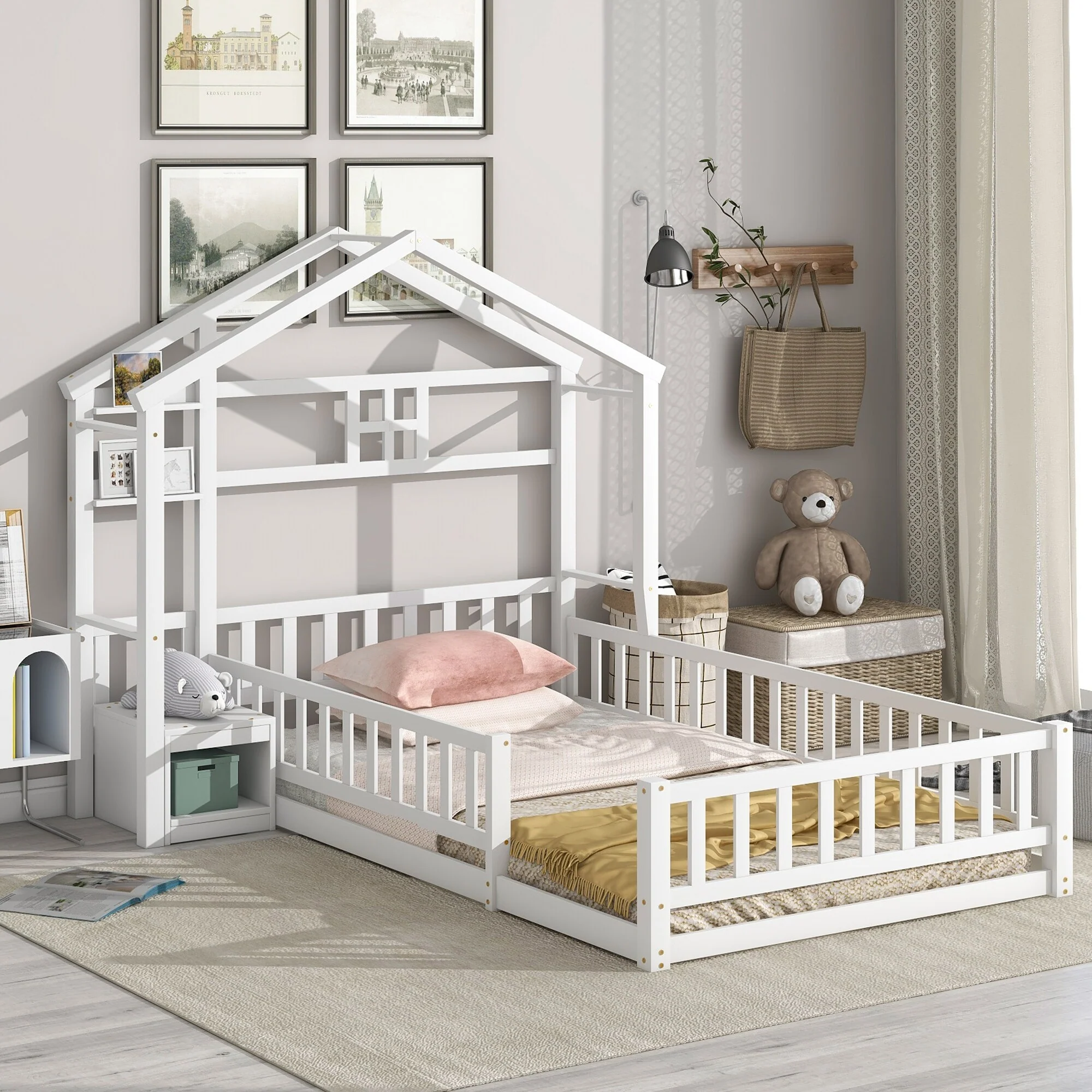 House-Style Twin Bed with Roof Frame, Window, and Guardrails for Kids