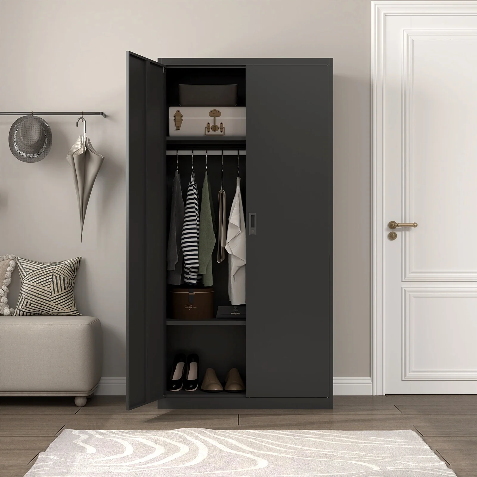 35.4 Modern Metal Armoire with Adjustable Shelves, Doors and Hanging Rod for Home, Office and School