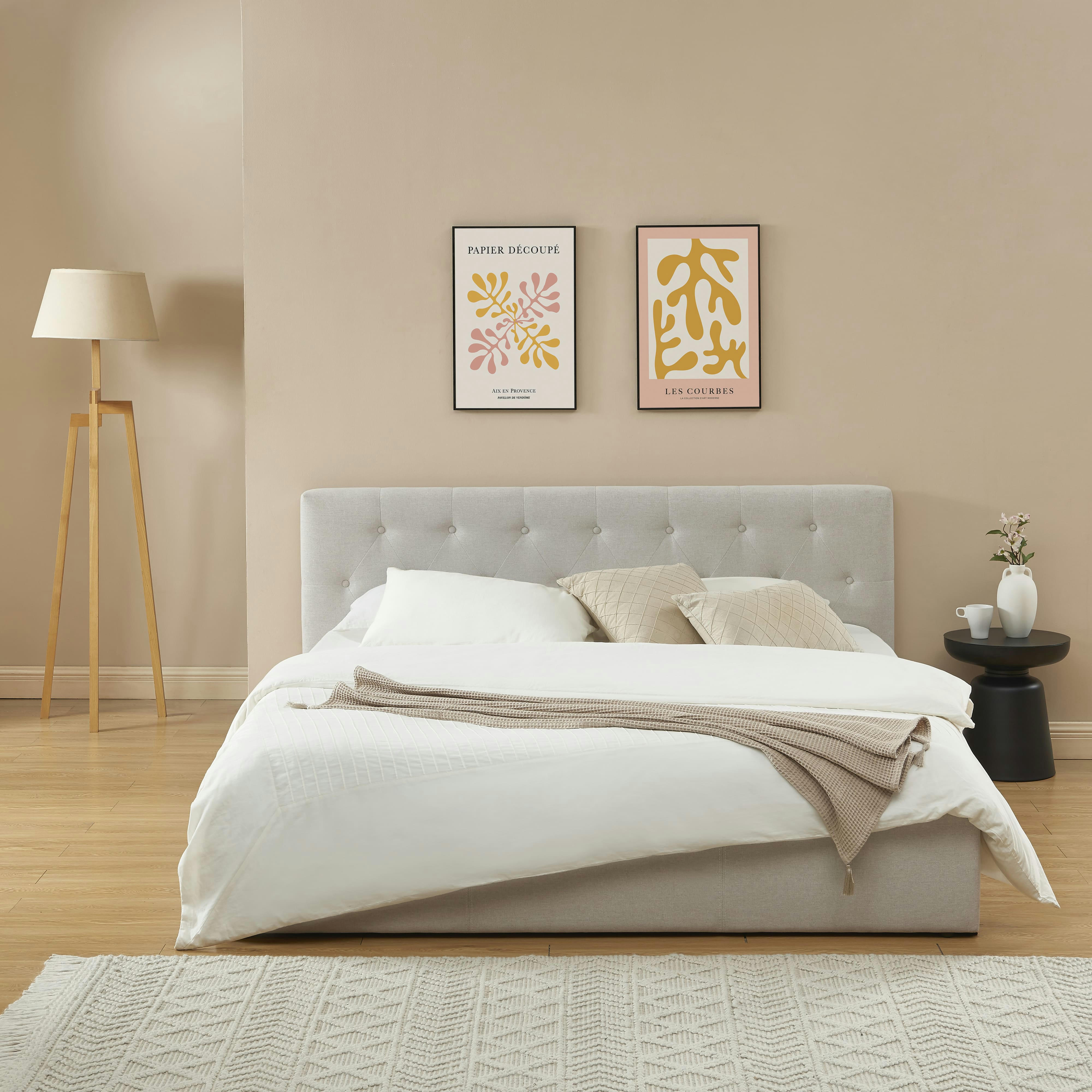 BAHIA - Lit coffre  tissu beige lin 180x200 sommier inclus