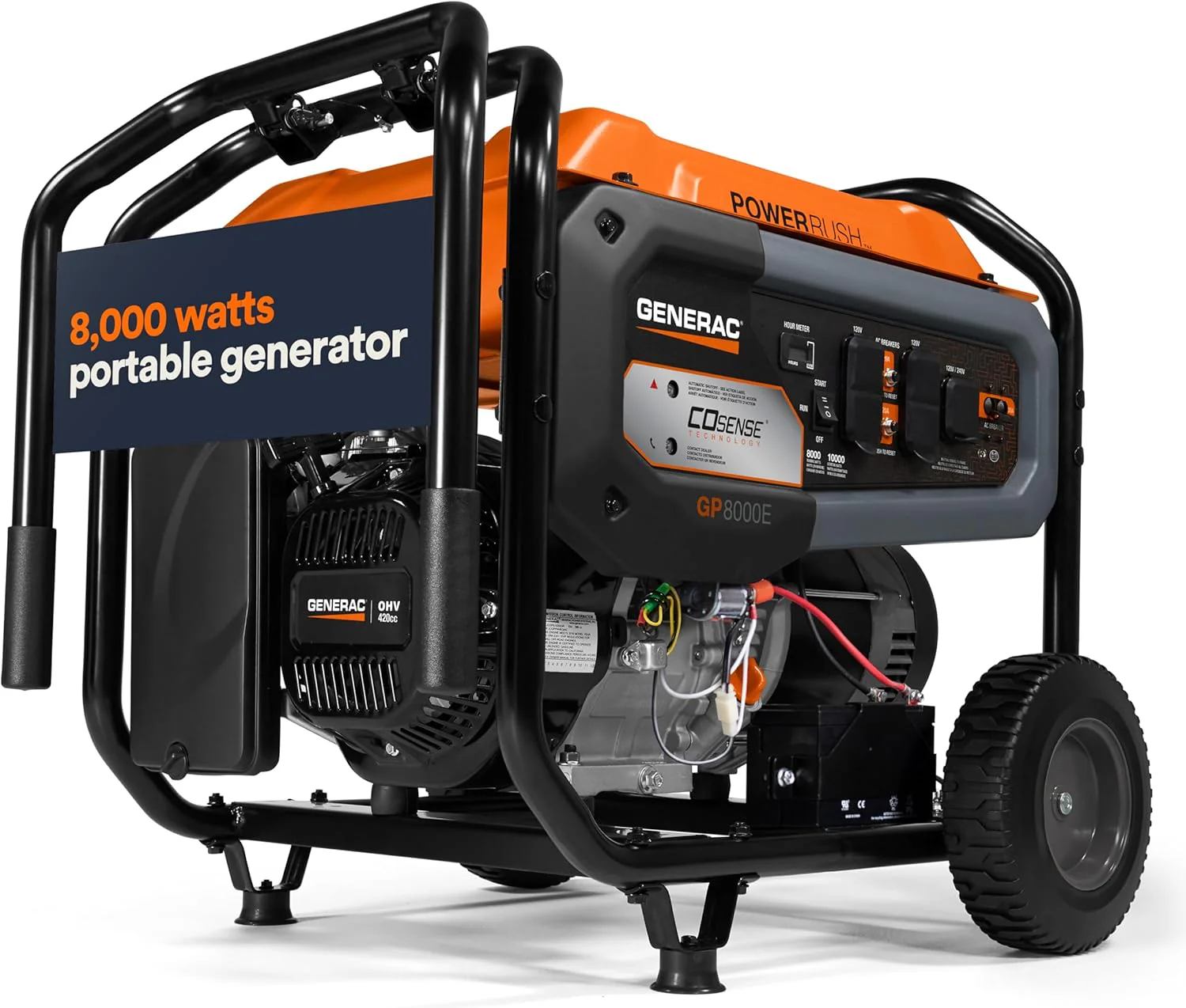 8,000-Watt Gas-Powered Portable Generator - Electric Start with COsense - PowerRush Advanced Technology - Reliable Power for Emergencies, Recreation, Home - 49 State Compliant - Orange/Black(8000-Watt + Electric Start + COsense)