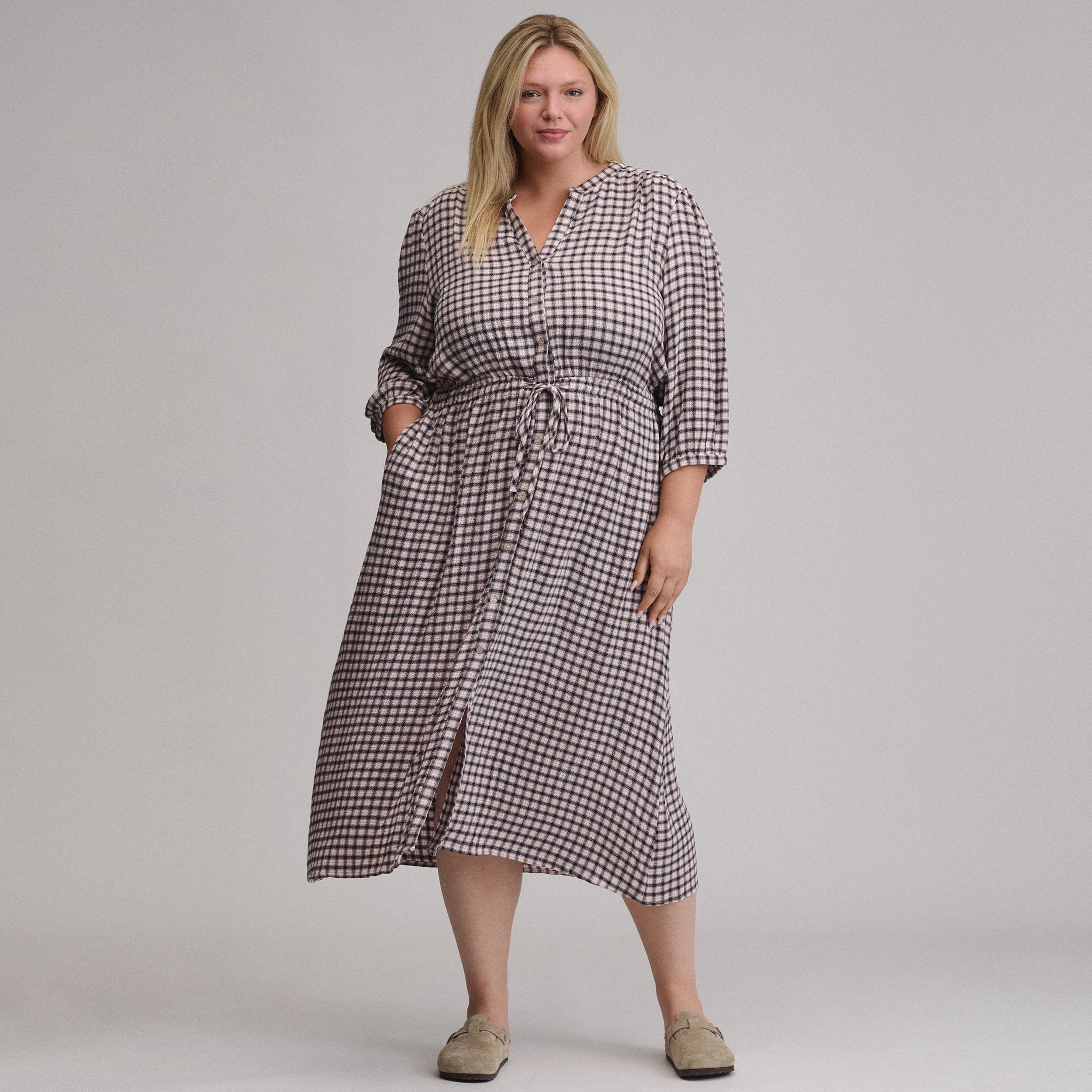 Women's Plaid Button Front Belted Midi Dress