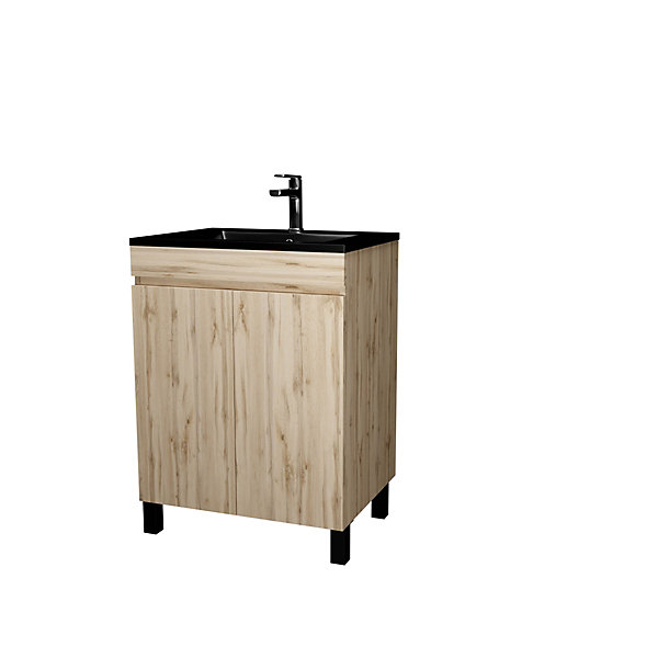 Ensemble sous vasque à poser effet chêne naturel 2 portes   vasque noire, l.60 cm, Galedo Timber