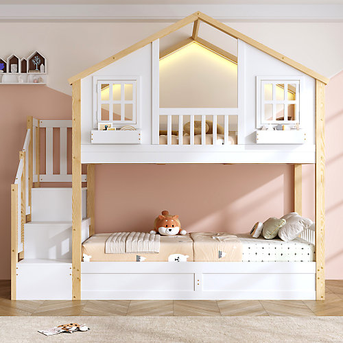 Lit superposé enfant 90x200 90x200cm - avec lit inférieur coffre - LED et escalier de rangement - blanc et naturel (sans matelas)