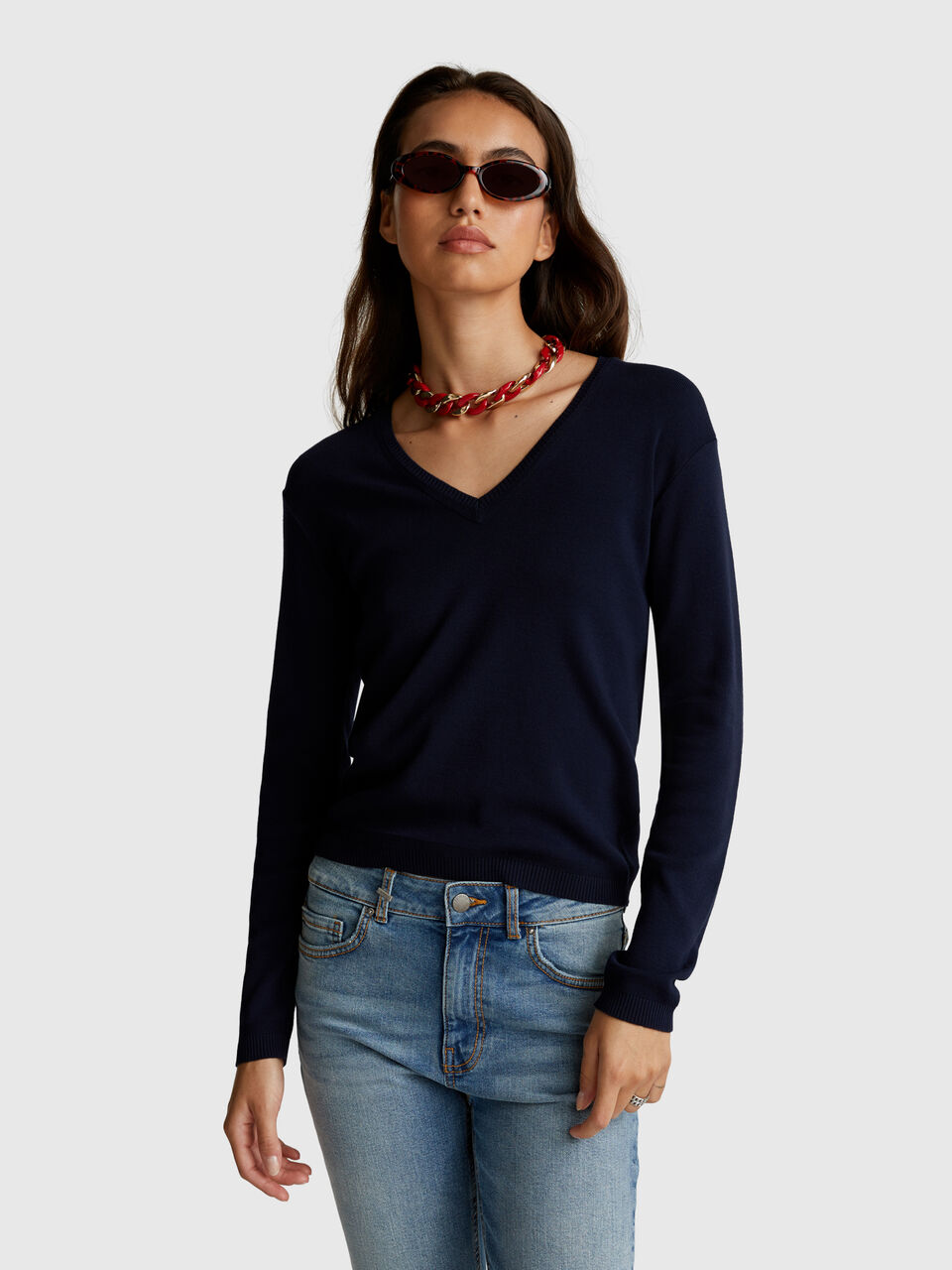 Sweater with V-neck in pure cotton