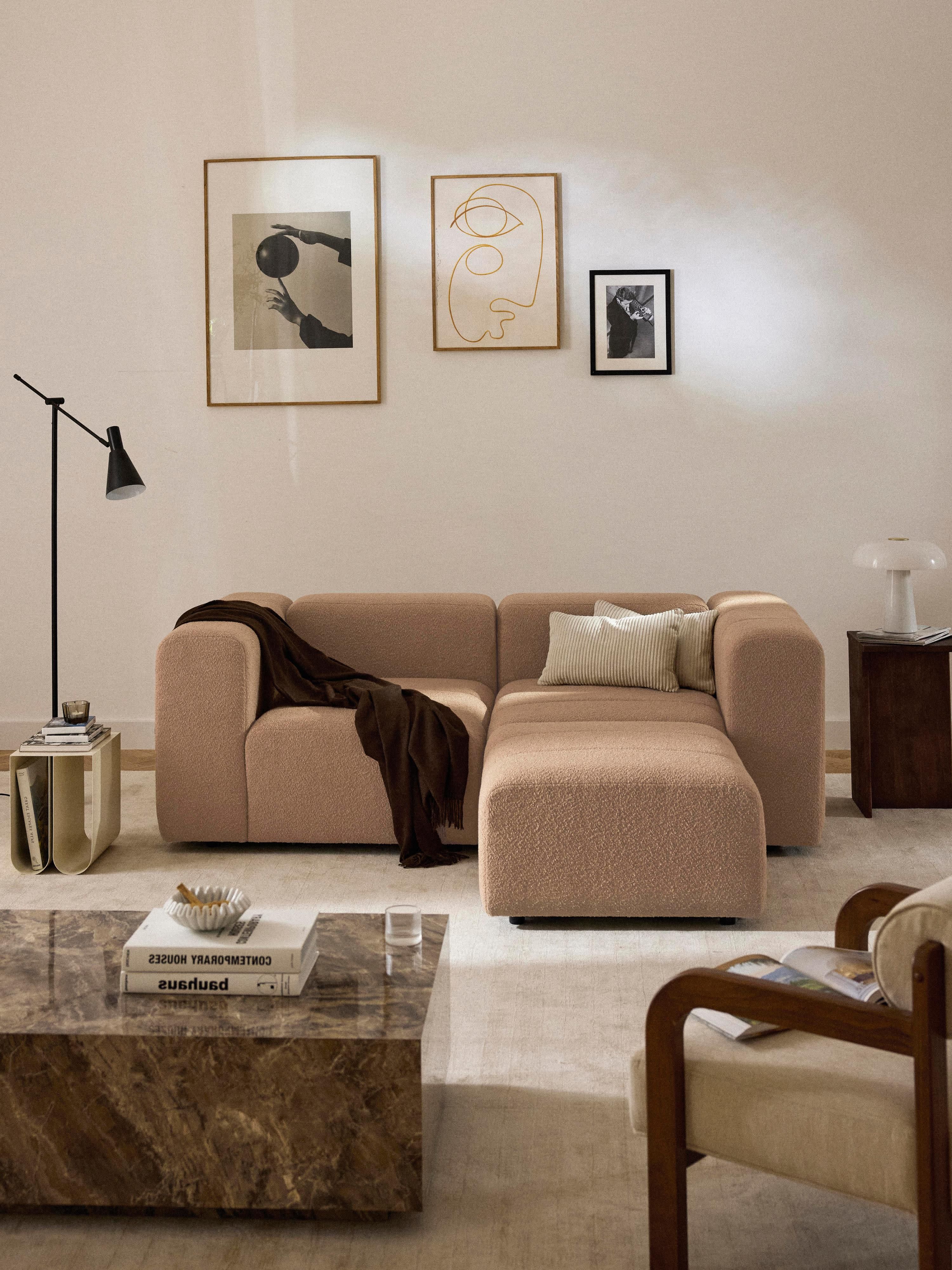 Modulares Bouclé-Sofa Lena (3-Sitzer) mit Hocker (links/rechts)