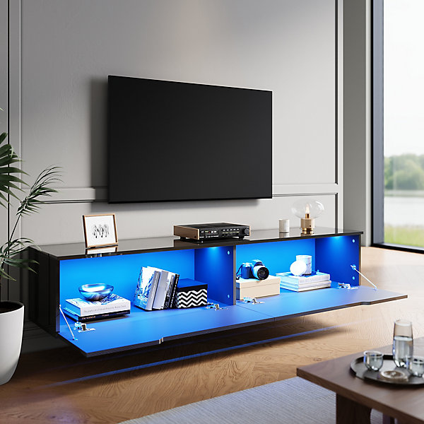 Meuble TV LED SIRHONAModerne Grand Rangement 2 Portes   Noir  160cm