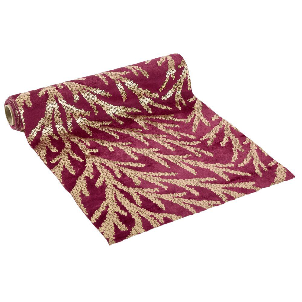 Chemin de table imitation velours imprimé branche L300X28 cm rouge et doré