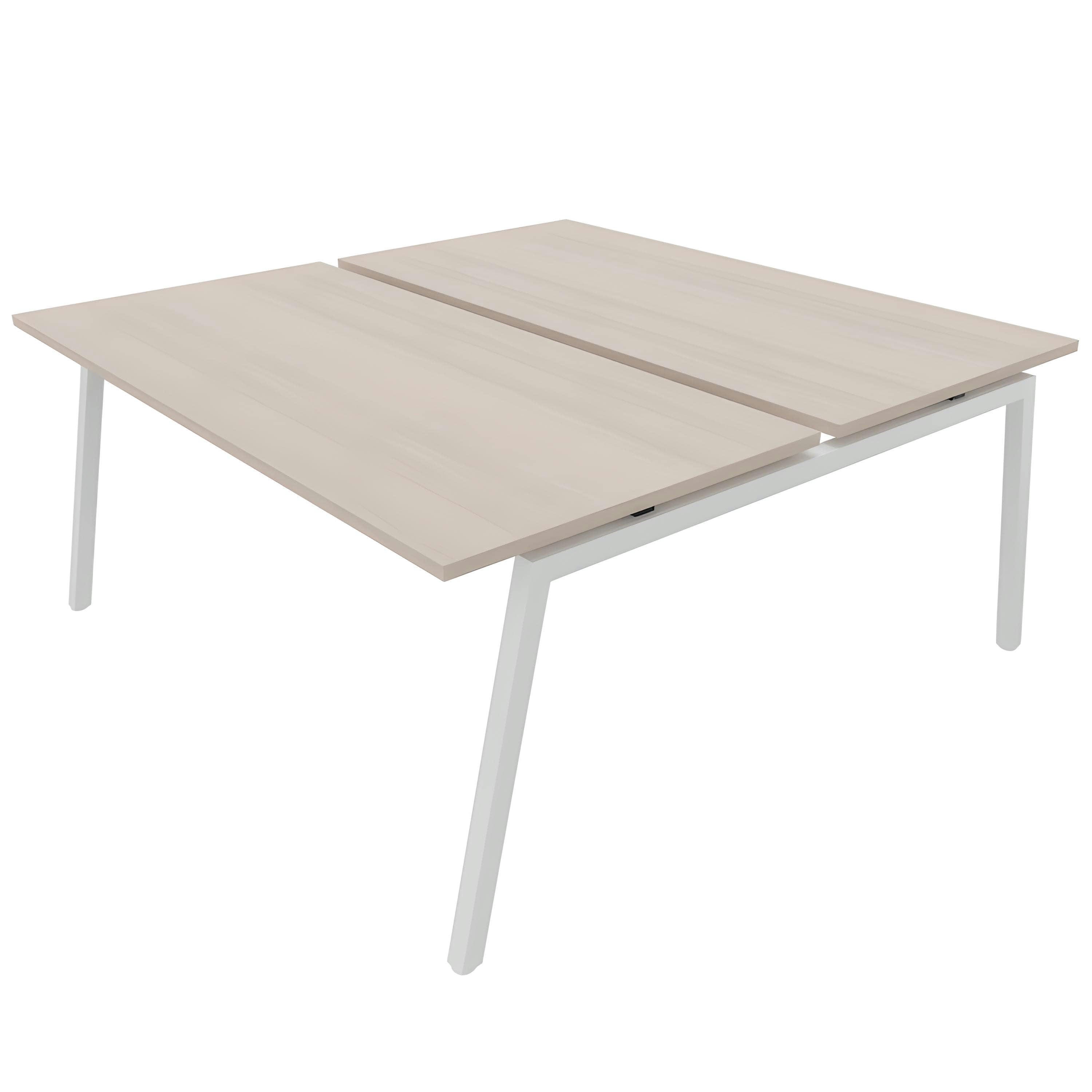 CINETIC A - Bureau bench plateau mélamine acacia et pieds acier blanc