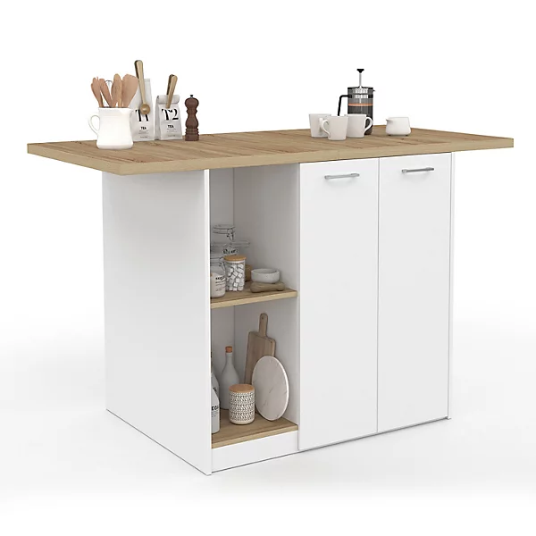 Ilot central BAO 140 cm 4 personnes bois blanc avec plan de travail façon hêtre