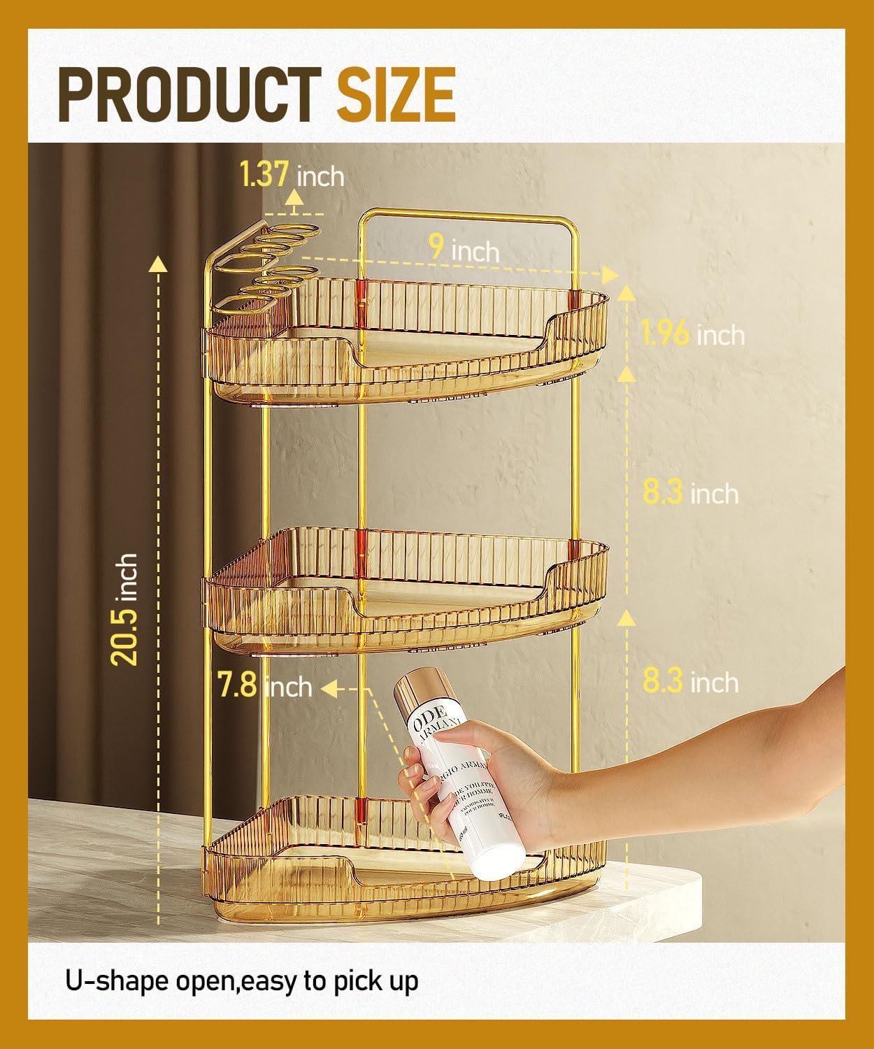 EUHOME 3-Tier Corner Bathroom Counter Organizer Makeup Cosmetic Storage, Tool-Free Installation Acrylic Vanity Shelf, Countertop Storage Organizers Perfume Tray for Bathroom, Dresser, Kitchen (Gold)
