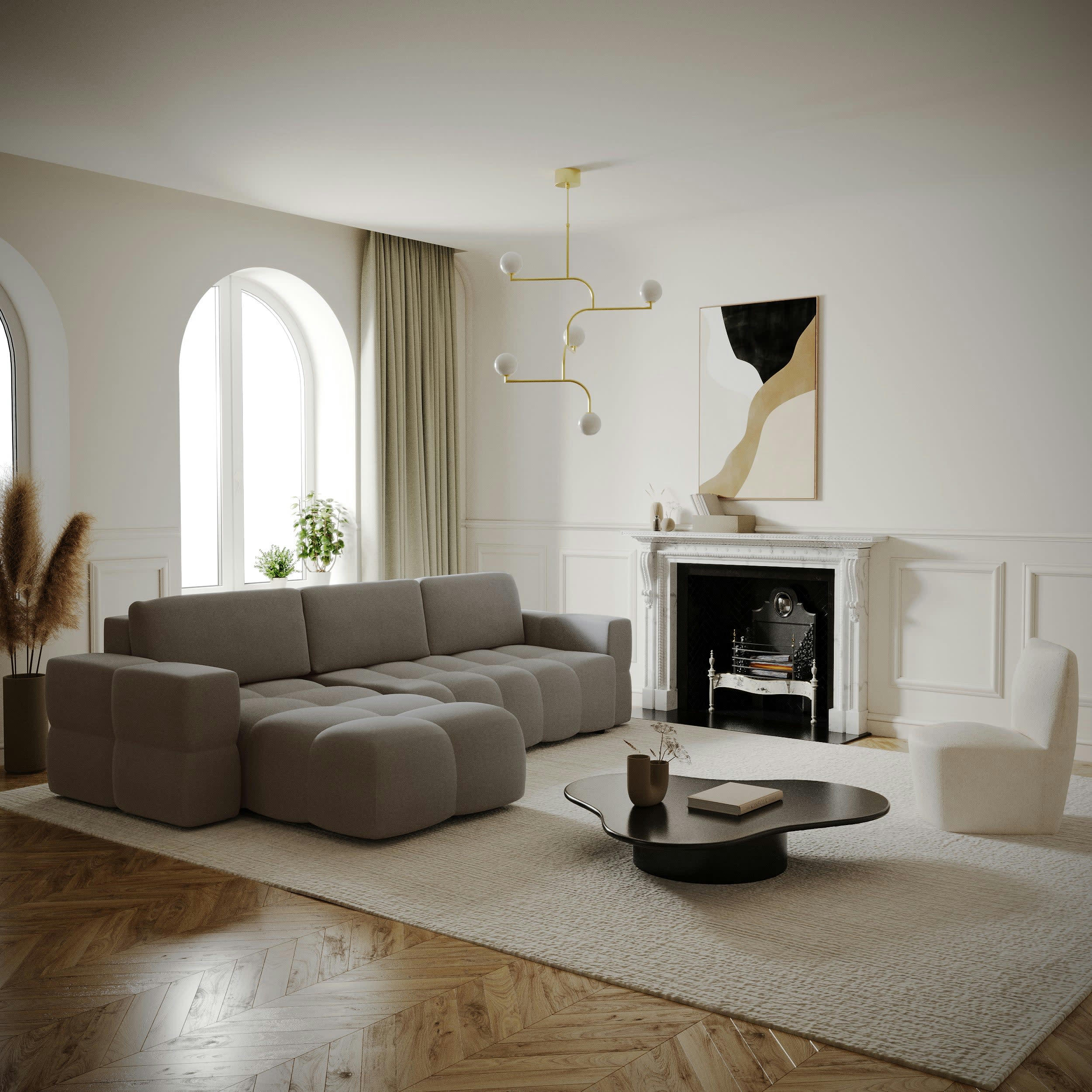 GABRIEL - Canapé d'angle gauche convertible coffre tissu tramé taupe 260x180cm