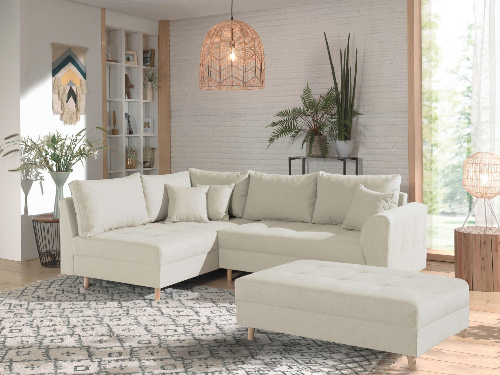 RUNE - Canapé d'angle gauche convertible 4 places en tissu beige