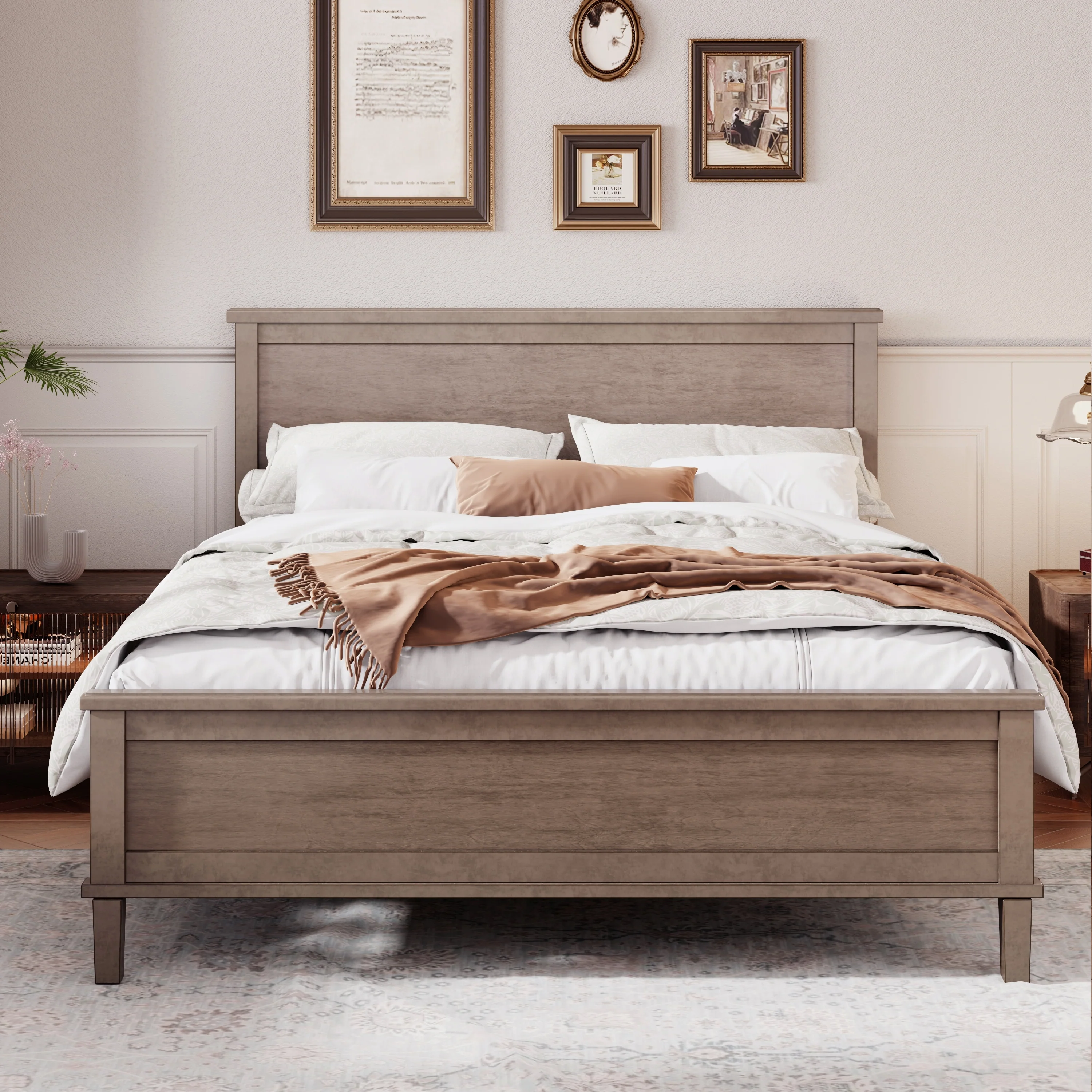 Mid-Century Wood Platform Bed with Headboard and Wood Slat Support