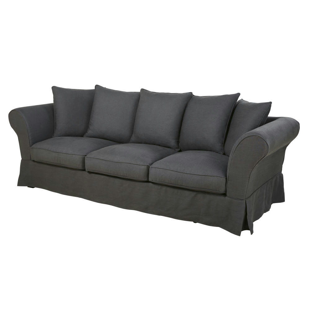 Roma - Housse de canapé 4/5 places en lin froissé gris anthracite