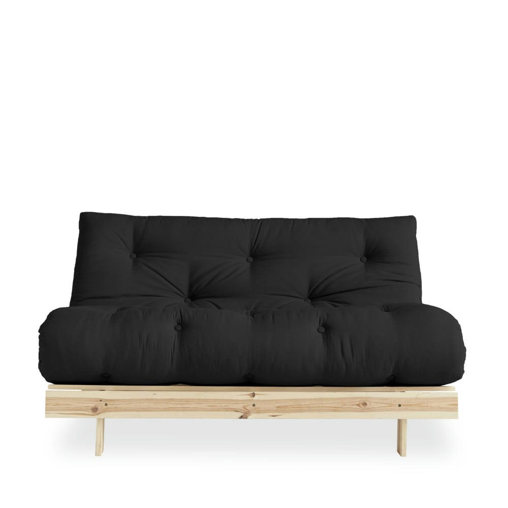 ROOTS - Canapé convertible en bois naturel et tissu gris foncé 2 places