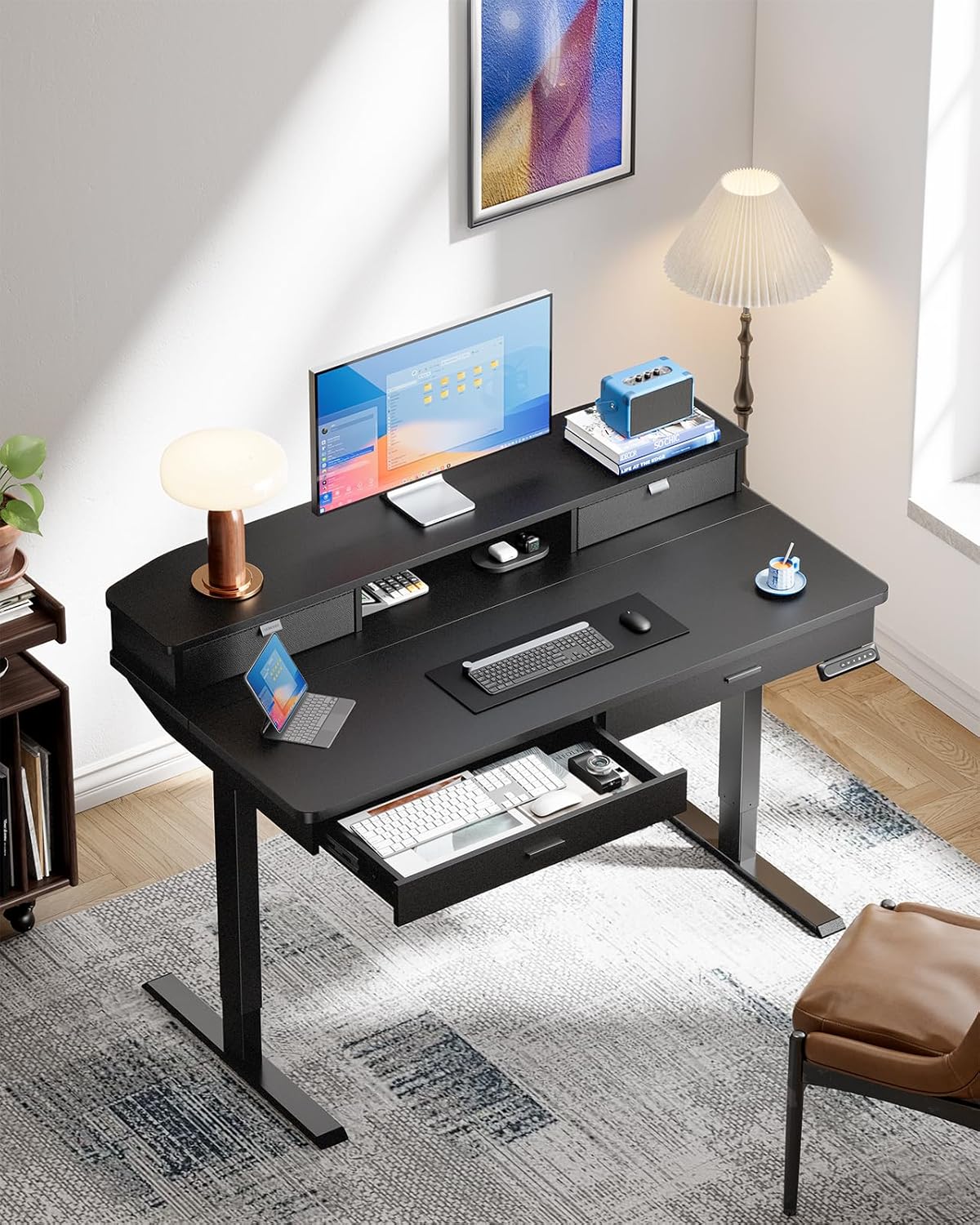 HUANUO 55 x 30 inch Electric Standing Desk with Wood Drawers,Stand up Home Office Desk Adjustable Height with Two Tiers, Ergonomic Stand up Desk with Monitor Stand, Black