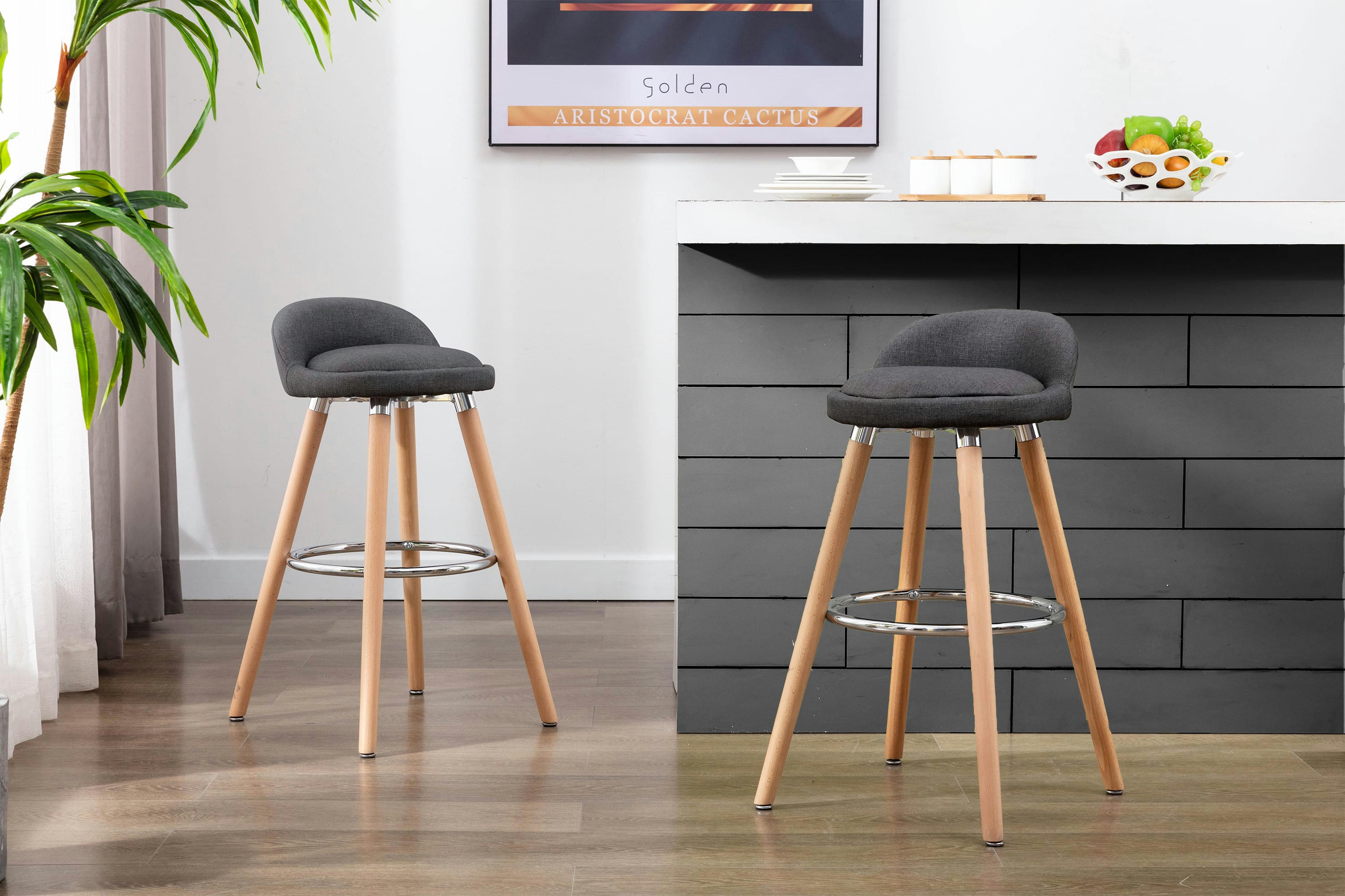 JENSEN - JENSEN - Tabouret de bar scandinave tissu anthracite pieds hêtre (x4)