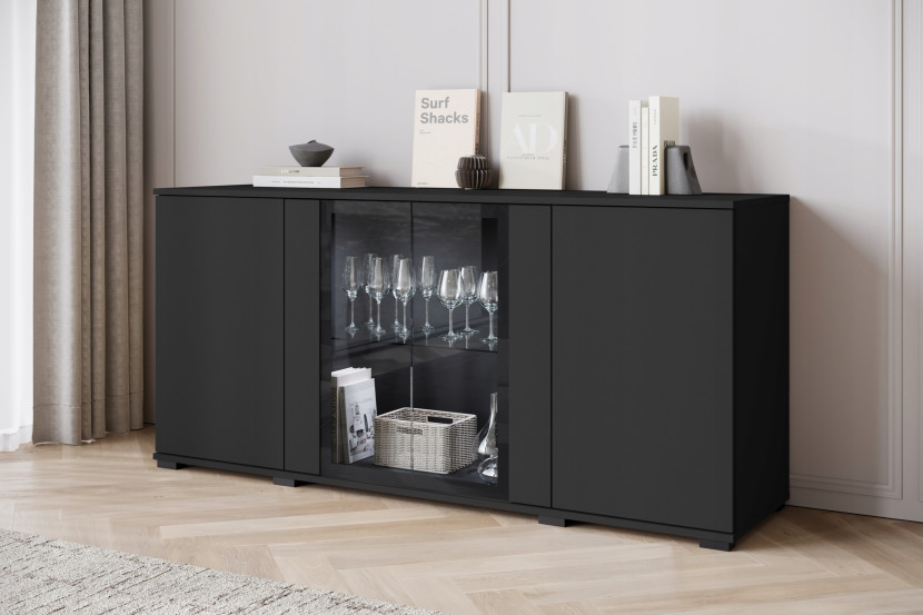 Komoda 150 cm do salonu witryna ze szkłem, szuflady, połki, czarny mat