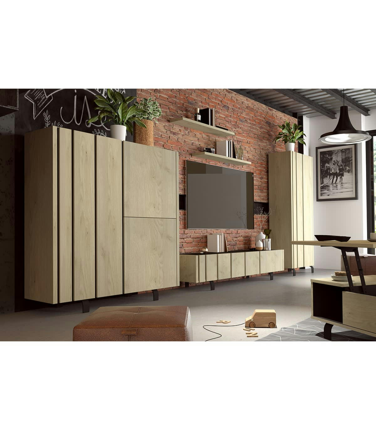 RUSH - Buffet haut 3 portes - Effet Chêne et intérieur Noir