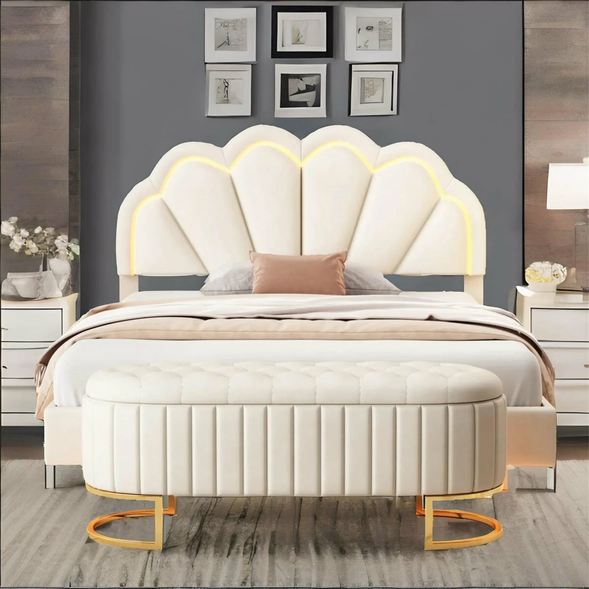 Velvet Full Size 2 Pieces Bedroom Sets LED Bed and Ottoman