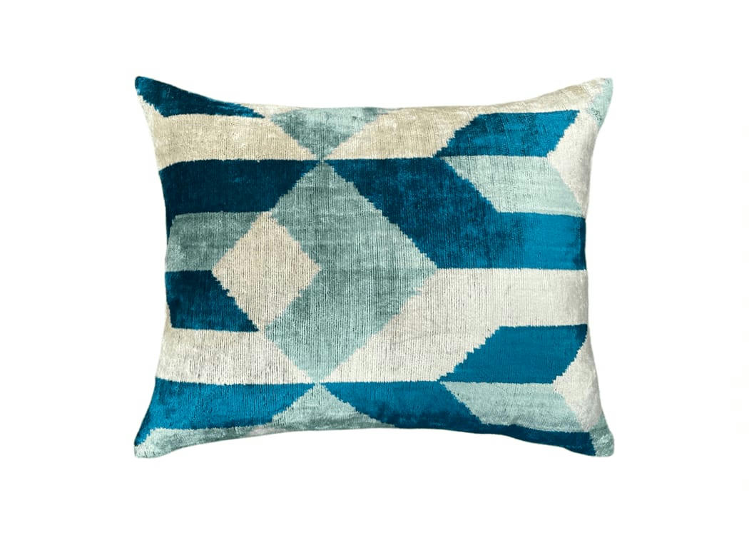- Housse de coussin velours soie ikat  40x50 bleu