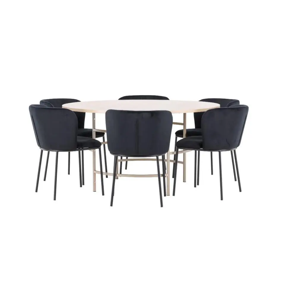 Hioshop Copenhagen eethoek tafel &Oslash;140cm en 6 stoelen whitewash- zwart
