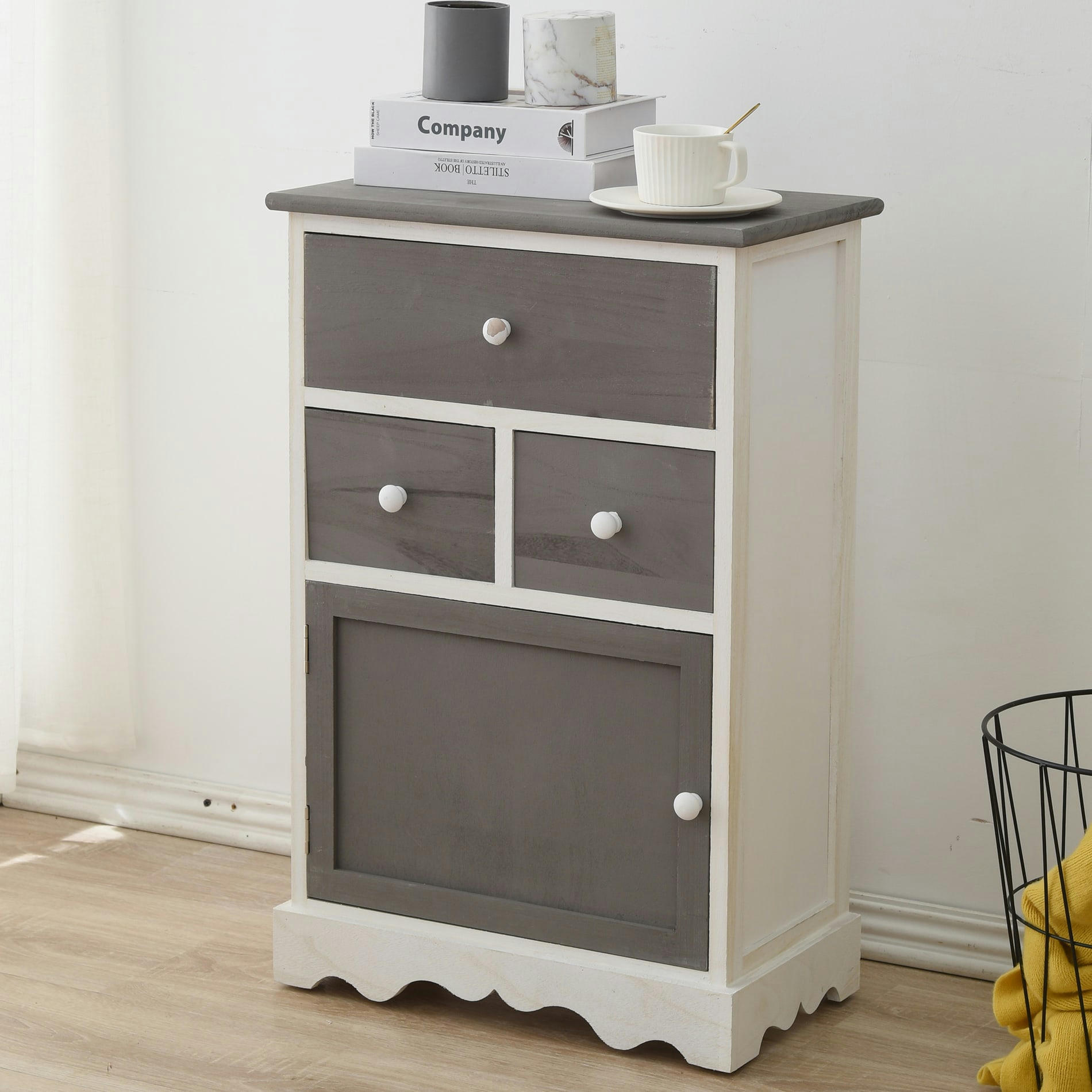 - Commode de rangement avec 3 tiroirs et 1 porte en bois gris et blanc