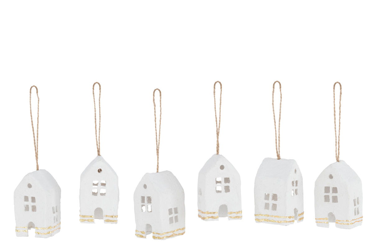 J-Line kersthanger Huis - katoen maché - wit/goud - doos van 6