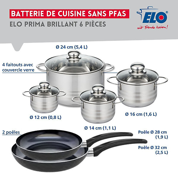 Ensemble de 2 Poêles de cuisson 28 et 32 cm et 4 faitouts 12, 14, 16 et 24 cm Elo Prima Brillant